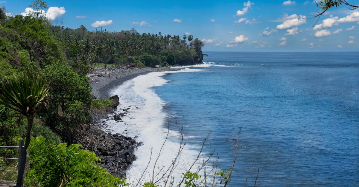 Bali vejr på sit bedste: klipperig kystlinje med frodig vegetation under en strålende blå himmel