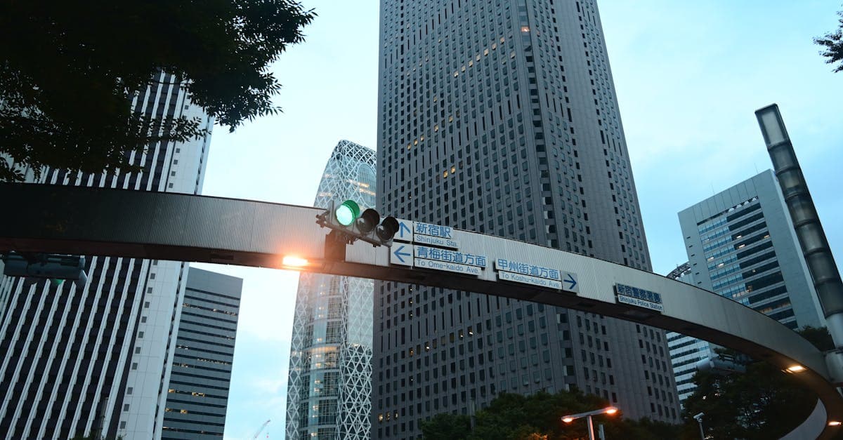 Wieżowce Shinjuku w Tokio w Japonii o zmierzchu z drogowskazami i sygnalizacją świetlną