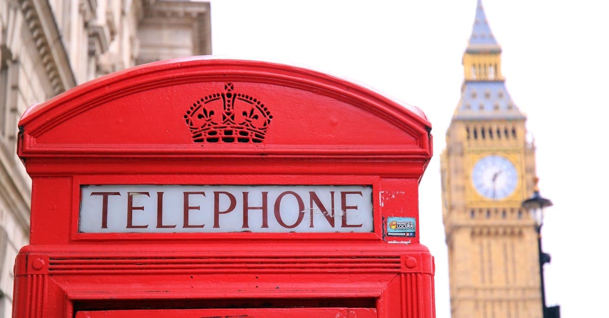 Red telephone box with Big Ben backdrop, a classic UK phone landmark in central London.