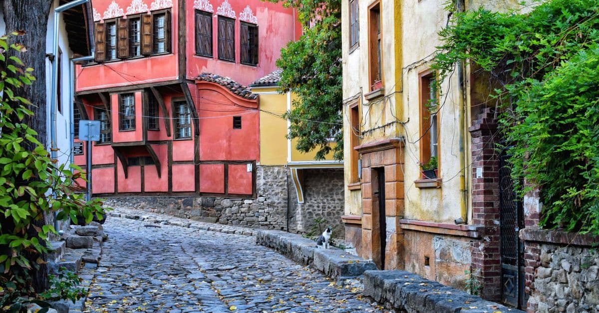 A cobblestone lane winds between colorful historic houses in Bulgaria, with no visible digital nomad visa details.