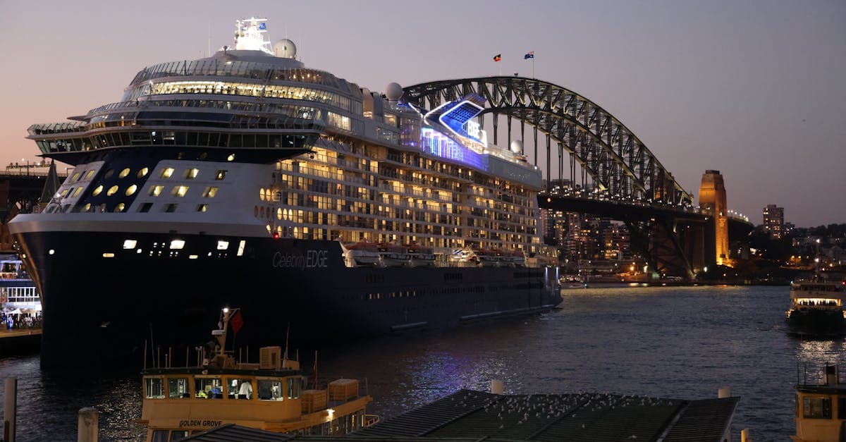 Large cruise ship sailing past Sydney Harbour Bridge at dusk on a cruise to New Zealand from Sydney.