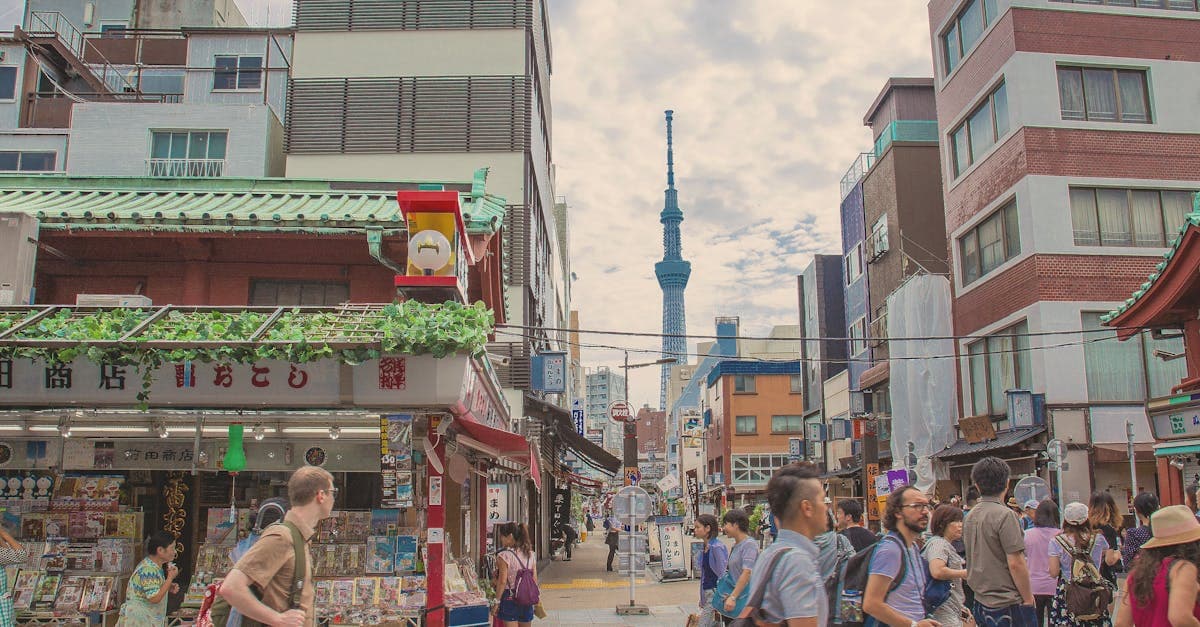 Colourful Asakusa shopping street with Tokyo Skytree in view: budget breakdown in your tokyo travel guide