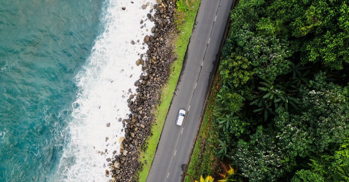A lone car travels along a coastal road between turquoise water, a rocky beach and dense green forest.