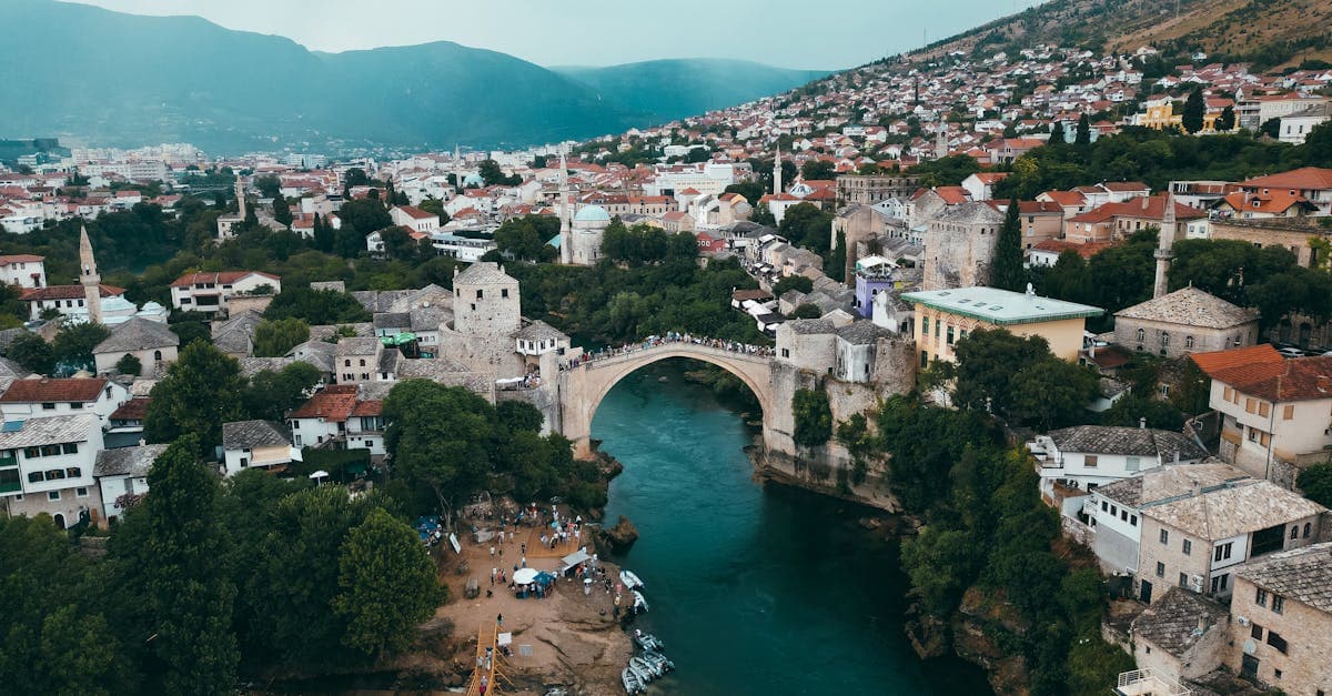 Aerial view of Mostar's historic Old Bridge in Bosnia, one of Europe's most affordable vacation destinations