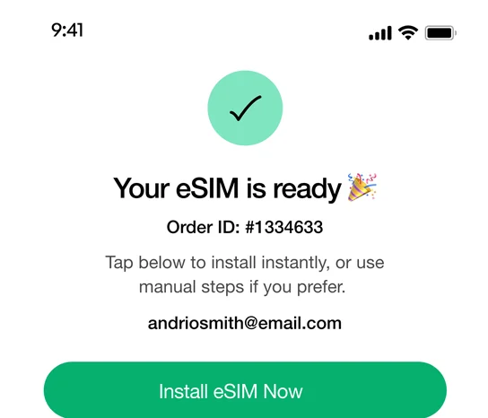 HelloRoam 앱 설치 화면: eSIM 준비 완료 안내와 지금 eSIM 설치 버튼