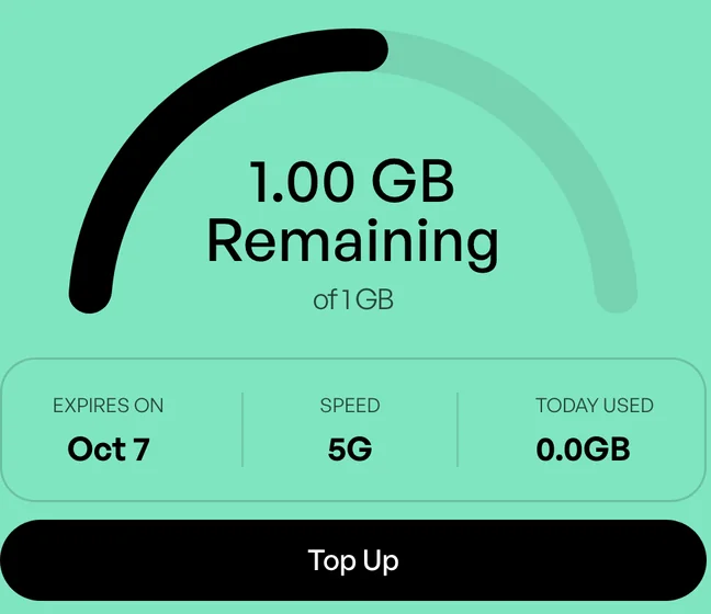 남은 데이터 1.00GB, 종료일, Top Up 버튼이 보이는 HelloRoam 앱의 내 eSIM 카드 화면