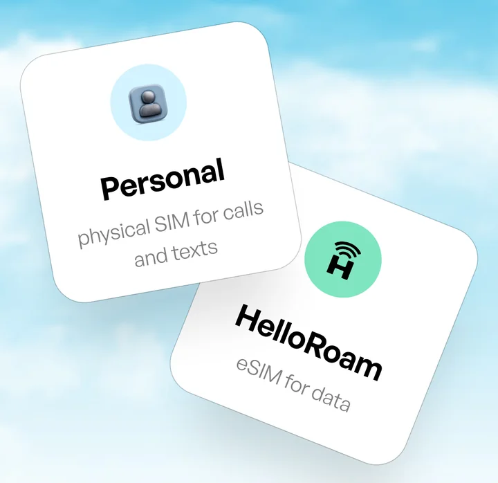 Recuadro «Personal», tu chip físico para llamadas y SMS, y recuadro «HelloRoam», la eSIM para datos