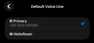 Recorded on iPhone: the Default Voice Line screen, with Primary ticked and HelloRoam below it